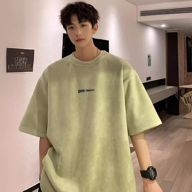 avocado green 320g Heavy T-shirt Men's American Style Retro Suede Short Sleeve oversize Small Nearline Sleeve