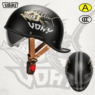Motosiklet kaskı (dəbilqə) | and women's scoop helmet personality - matte-black-beast-fish-m-head-circumference-52-54cm-transparent-black-tea-lenses