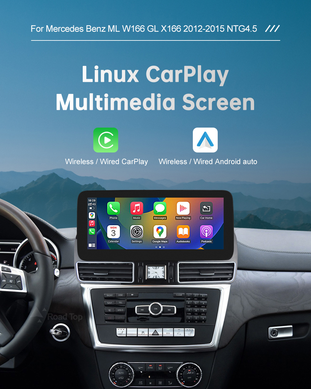 RoadTop Wireless CarPlay Screen For Mercedes Benz ML W166 GL X166 NTG4.5 Display
