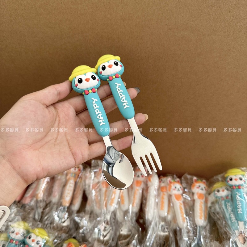 304不锈钢勺子叉子硅胶儿童餐具勺叉套装可爱便携餐具卡通公仔勺|undefined