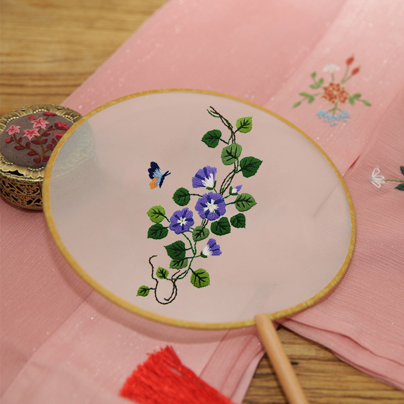 Bordado DIY hecho a mano Lu Bordado producción ventilador material paquete antiguo estilo organza translúcido principiante bordado de doble cara