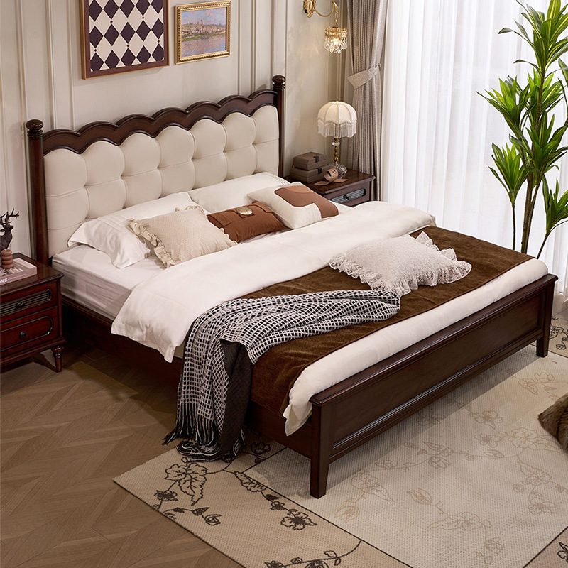 Solid Wood Retro-Style Leia Upholstered Bed 1.5m French-Style Vintage Bedroom Bed for Guesthouses Large-Size Upholstered Bed