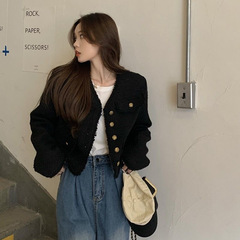 黒の小さな香りのコートの女性2025年の新しい春と秋のフランス感の名媛の小さい背の短いタイプの百合の上着