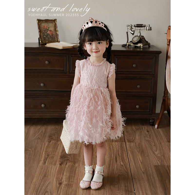 Wulibu Girls' Dress Summer Children's Mesh Dress 2026 New Breathable Tutu Skirt Baby Feather Skirt