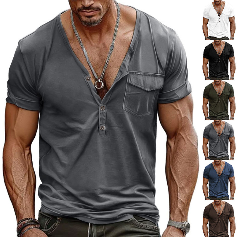 2025 Cross-Border Amazon European and American Large V Neck Summer Men's Loose Retro Flap Pocket Pants Henry Shirt Short-Sleeved T-Shirt in Stock