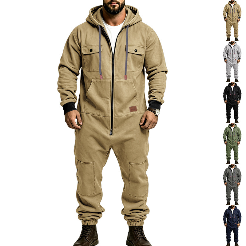 European and American heavy-duty men's workwear zip-up Amekaji outdoor casual trendy hip-hop lumberjack jumpsuit