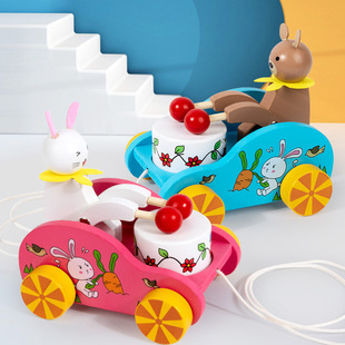 Toddler Toddler Tractor Traction Wooden Toy Cartoon Animal Rabbit Bear Drumming Pull Car Educational Toy