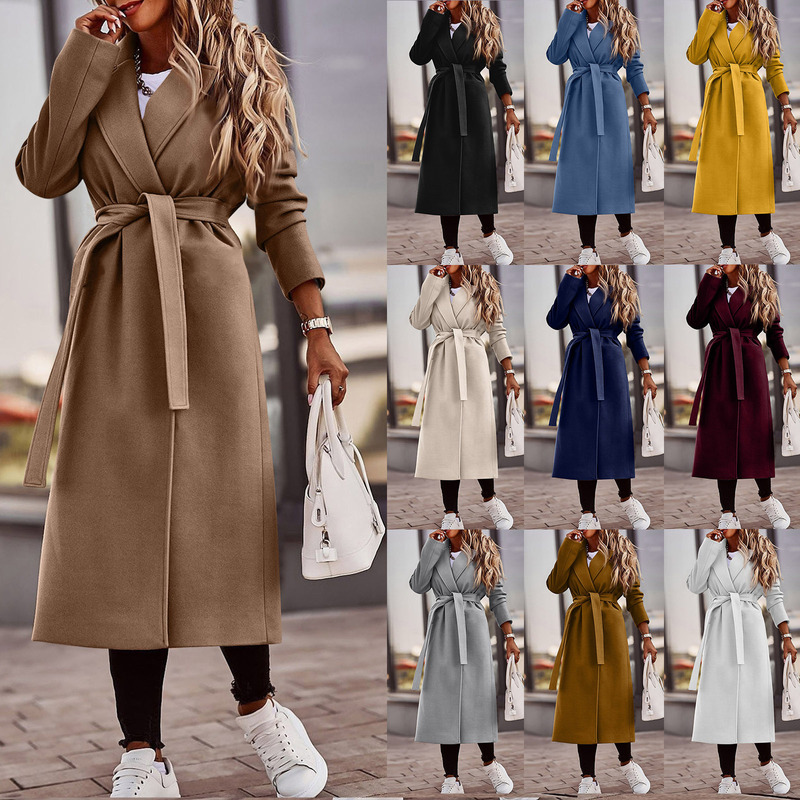 2023 cross-border Amazon European and American autumn and winter women's clothing solid color lapel long sleeve woolen coat simple bandage windbreaker