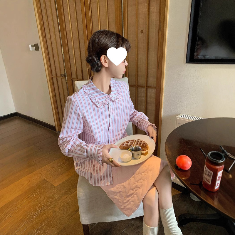 Beautiful My Genius Girlfriend Retro Preppy Pink Stripesd Lapel Lace Layered Shirt