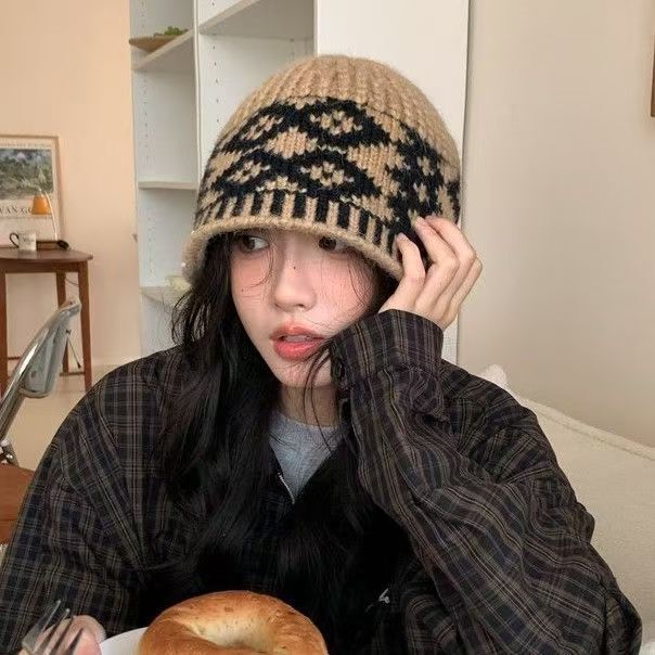 复古拼色菱形格子针织毛线帽女2024年秋冬显脸小包头冷帽保暖帽子|undefined