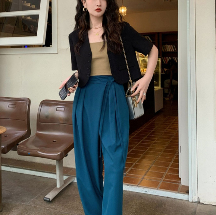 Black High-End Collar Short-Sleeved Suit Jacket for Women 2025 Summer Thin Casual Short Suit Top for Small People