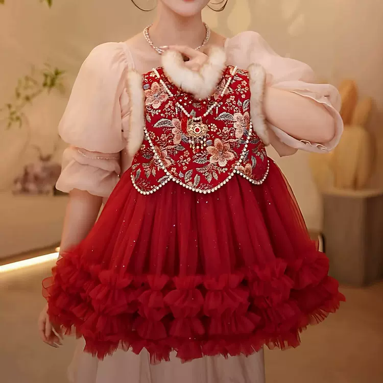 女童加绒连衣裙冬款新款儿童重工国风拜年服背心蛋糕公主裙子