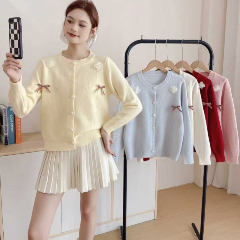 Korean Autumn and Winter New Style Gentle and Sweet Style Age-Reducing Design Stereo Bow Decorative Knitted Cardigan Sweater for Women