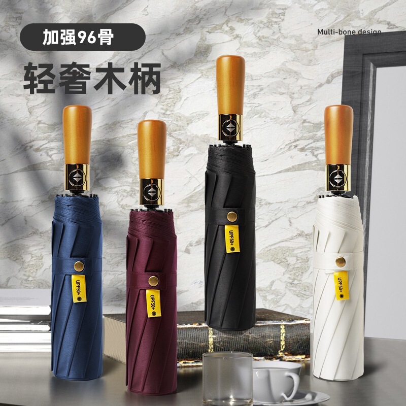 72-bone fully automatic wooden handle sunshade umbrella with black coating for UV protection, suitable for both men and women, enlarged and reinforced