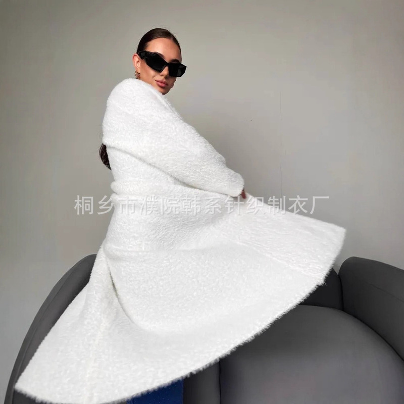 2025秋冬跨境仿水貂绒开衫大衣女过膝长款慵懒风宽松长袖毛衣外套|undefined