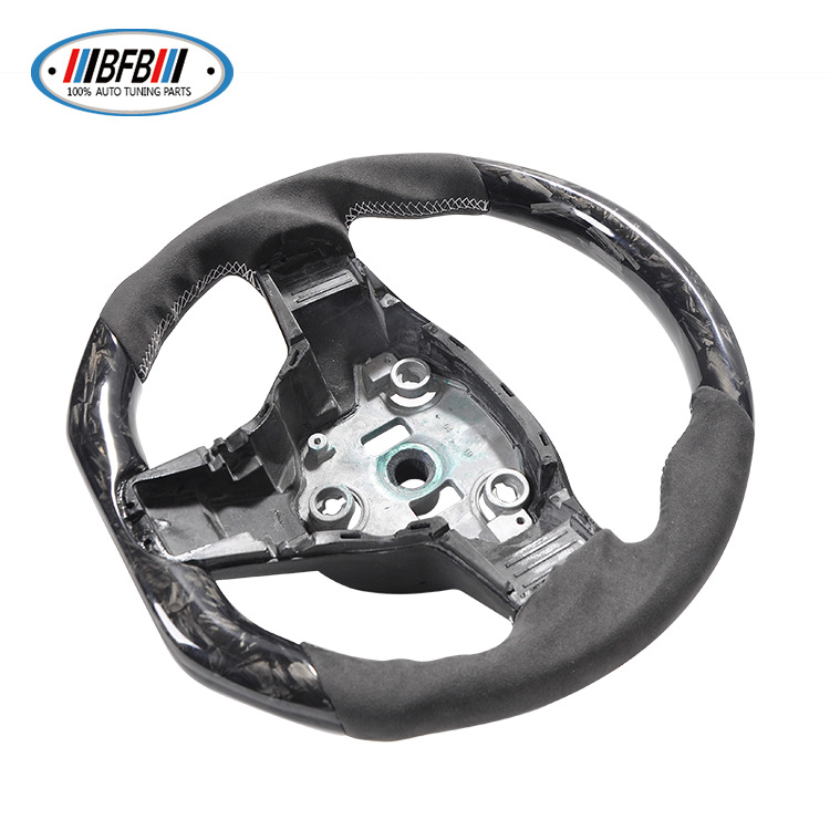 100% Real Carbon Fiber Steering Wheel Modification - For Tesla Model 3 Y - Forged Carbon Fiber Suede Leather White Stitching Steering Wheel