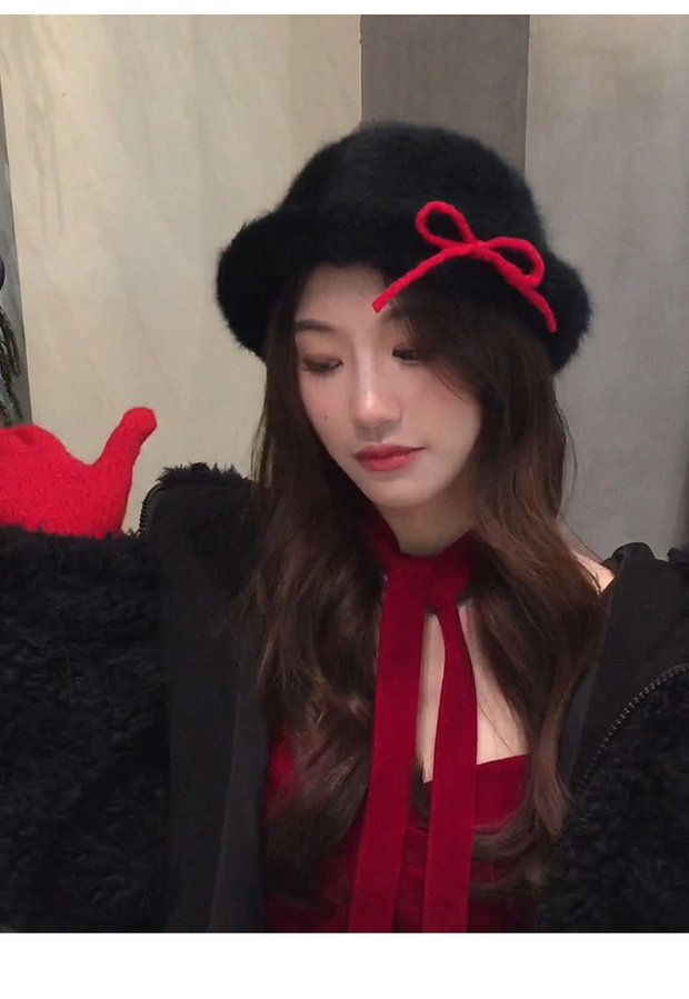 Sweet Plush Pot Autumn/Winter Bow Flip over Eaves Warm Fisherman's Versatile Ins Gold Top Hat Shows Small Face_viptrois.com