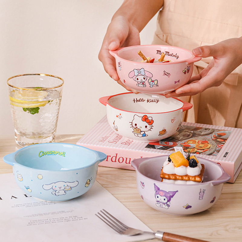 Sanrio Ceramic Bowl HelloKitty Cute Cartoon Children's Double Ear Bowl Household High-value Baby Eating Bowl