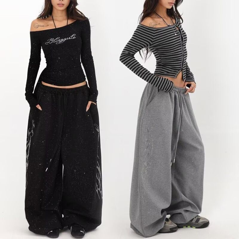 American-Style Rhinestone-Studded Silver Glitter Sweatpants for Women, Hip-Hop Street Jazz Dance Pants, Loose Sports Wide-Leg Pants for Women