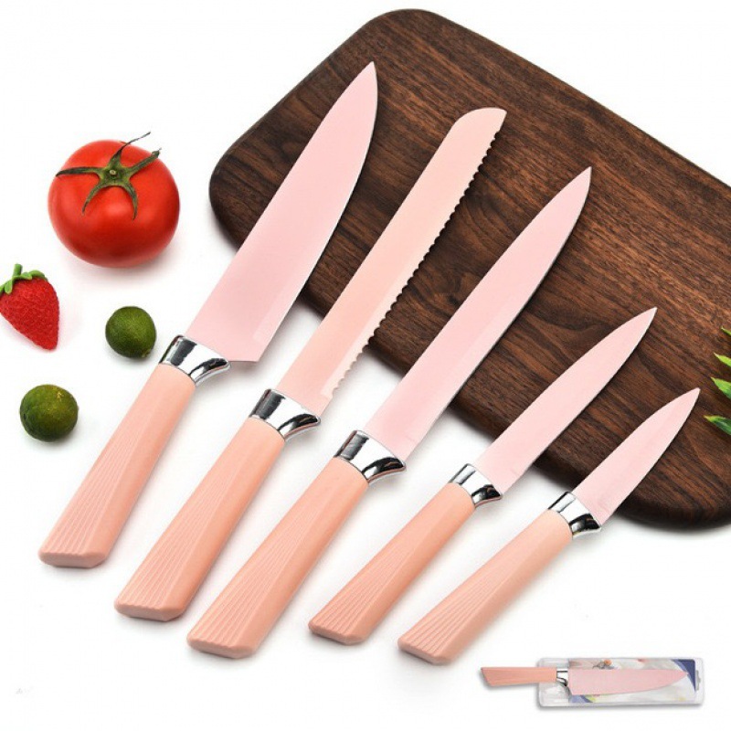 Punto de fábrica venta directa de acero inoxidable mango en forma de abanico cuchillo multifunción de cocina juego de embalaje de tarjeta de succión de doble cara