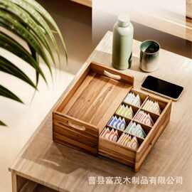 跨境木质收纳盒桌面带抽屉茶叶茶具置物盒可手提客厅下午茶点心盘