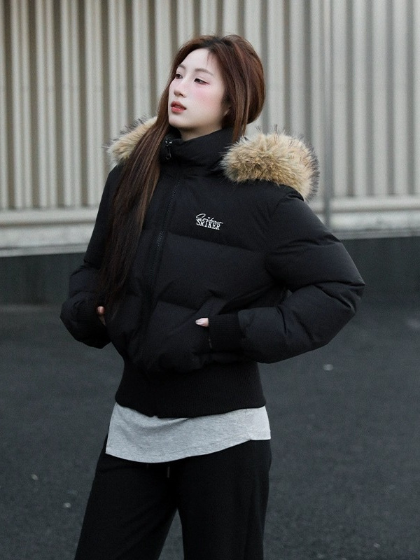 2025冬短款大毛领羽绒服女美式复古收腰显瘦高级感个性白鸭绒外套|undefined