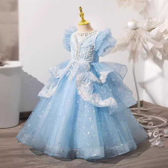 Girls' High-end Light Luxury Blue Dress Children's Spring New Heavy Industry Princess Dress Flower Girl's Wedding Show Performance Dress