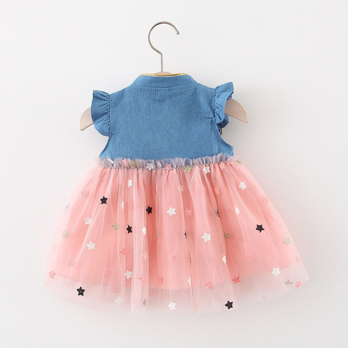 Korean-style denim skirt for girls, summer children's ruffled mesh dress—stylish, trendy princess-style skirt available for direct shipping.