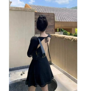 黑色长袖连衣裙女秋季法式御姐风短裙收腰a字露背气质高级感裙子