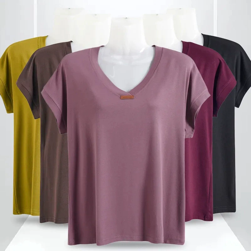 Новая мама летом V-образный вырез футболка среднего возраста с короткими рукавами женская свободная эластичная топ плюс толстая рубашка с половиной рукава