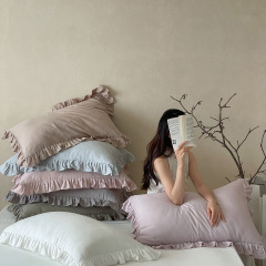 复古花边双层纱枕头套48*74全棉纯棉纯色枕巾家用枕套单品一对装