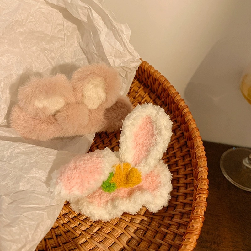 한뤄 토끼 귀 털방울 핑크 헤어핀 여성 앞머리 옆머리 고정 귀여운 동물 헤