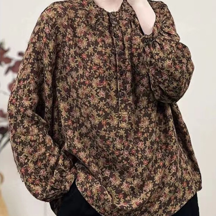 新品休闲中国风长袖棉印花衬衣女 韩版大码中年减龄碎花衬衫