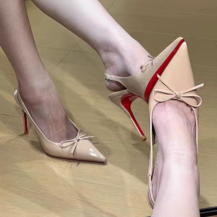 Обнаженный бант на красном фоне высокие каблуки женский 2025 новый остроконечный