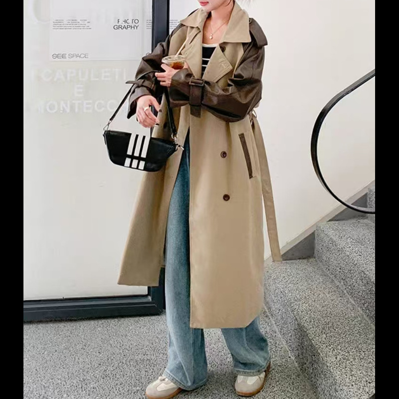 6100 Spring New Fashion British Style PU Stitching Western Style Casual Slim Elegant All-match Windbreaker Jacket