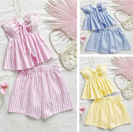 In-Stock Cross-Border European and American Women's Striped Tube Top and Shorts Set, Ruffled Tube Top + High-Waisted Shorts