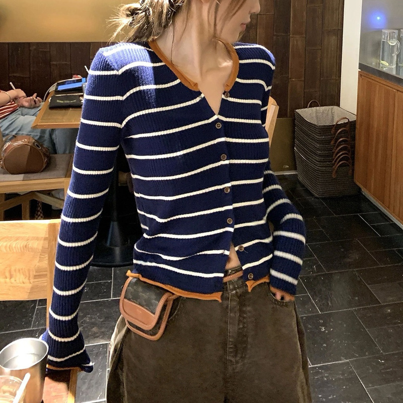 小香风撞色条纹针织开衫女2025秋冬新款韩系穿搭修身短款毛衣上衣|undefined