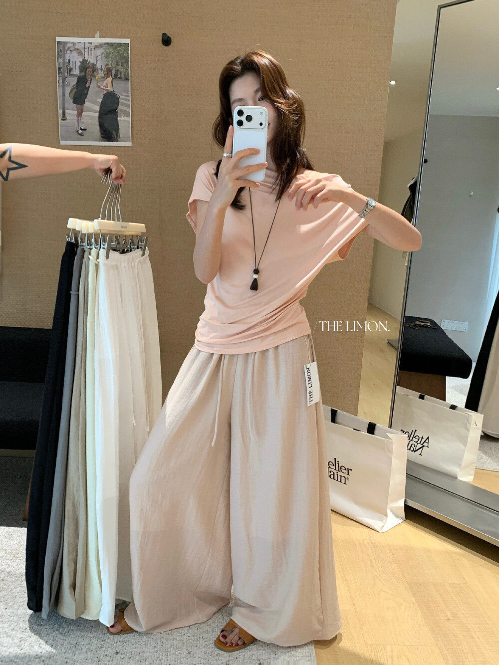 Quần culottes ống rộng cạp chun rút dây chất liệu linen mùa hè — Vàng nhạt, màu đen, trắng ngà, màu hồng chi tiết 26