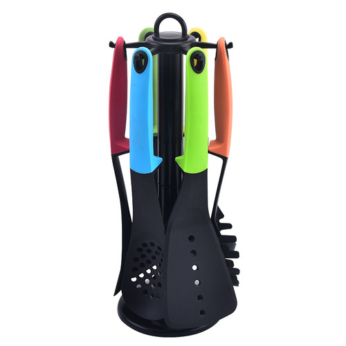Manufacturer wholesale nylon kitchenware seven-piece set with colorful handles non-stick cooking spoon and spatula with hanging rack kitchenware set