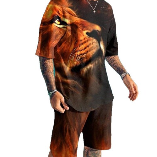 New cartoon 3D printed men's T-shirt sports set casual plus-size short sleeve for cross-border trade