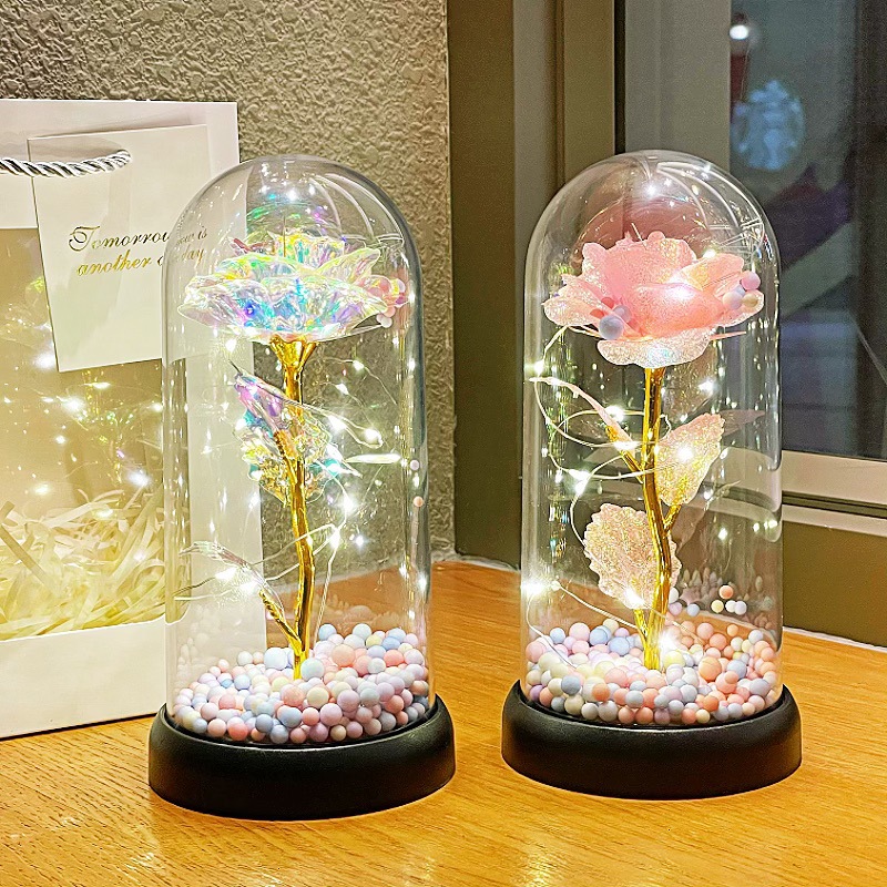 Transfronterizos brillantes rosas doradas lámparas de noche simulación ramo de flores eterno decoración de escritorio adornos regalos de cumpleaños