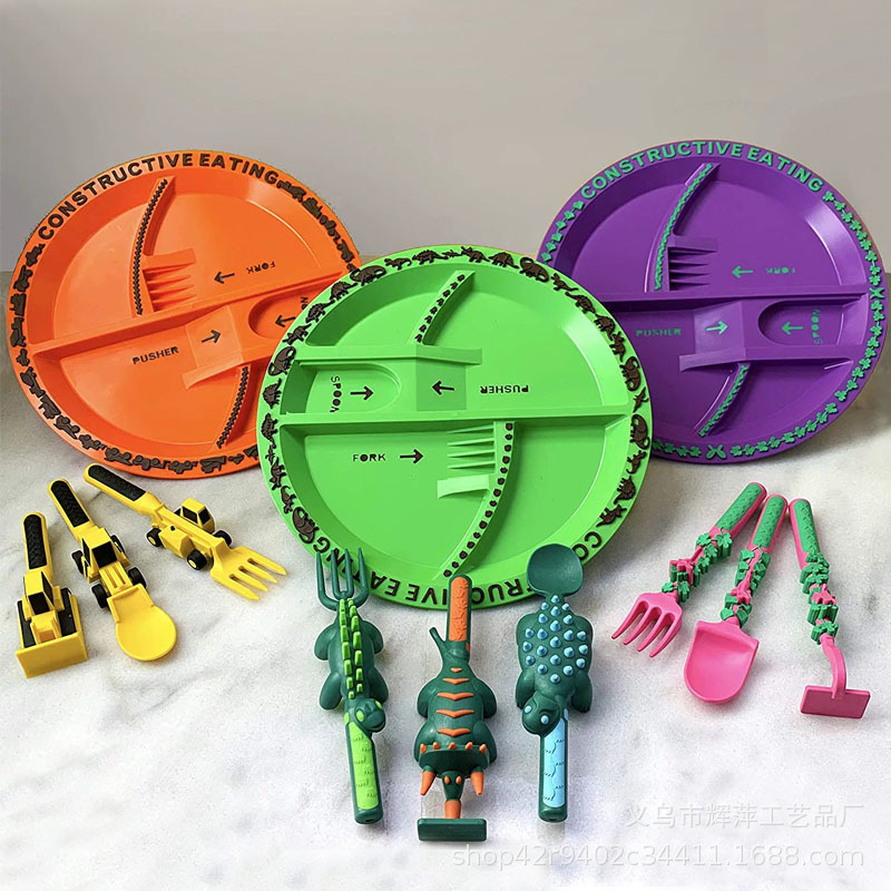 Cross-border children's tableware three suit Dinneractive car bulldozer excavator shovel fork shovel plate