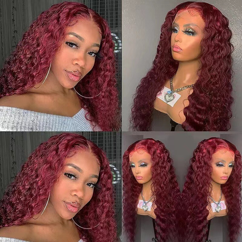 Front Lace Wig European and American Wig Small Curly Chemical Fiber Headgear African Women Long Curly wine red Small Curly Hair