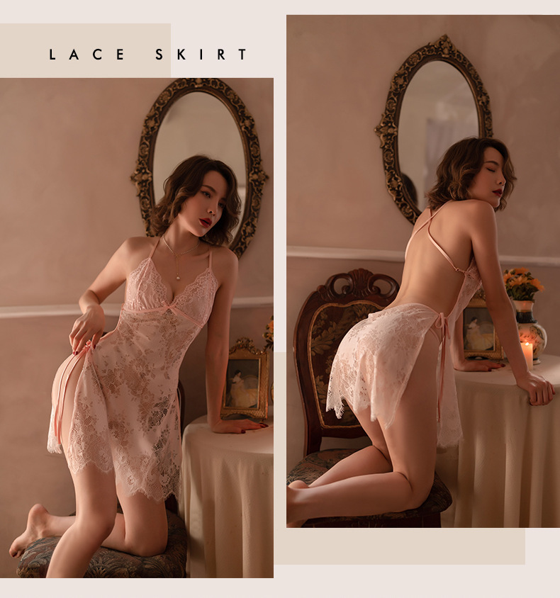 Teasing Lace Backless Lingerie Set with Sheer Split Design in Pink — detail image 15