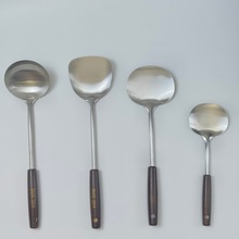 不锈钢古木柄挂孔苹果铲蘑菇铲加厚勺铲一体家用炒勺厨房炒铲煎铲