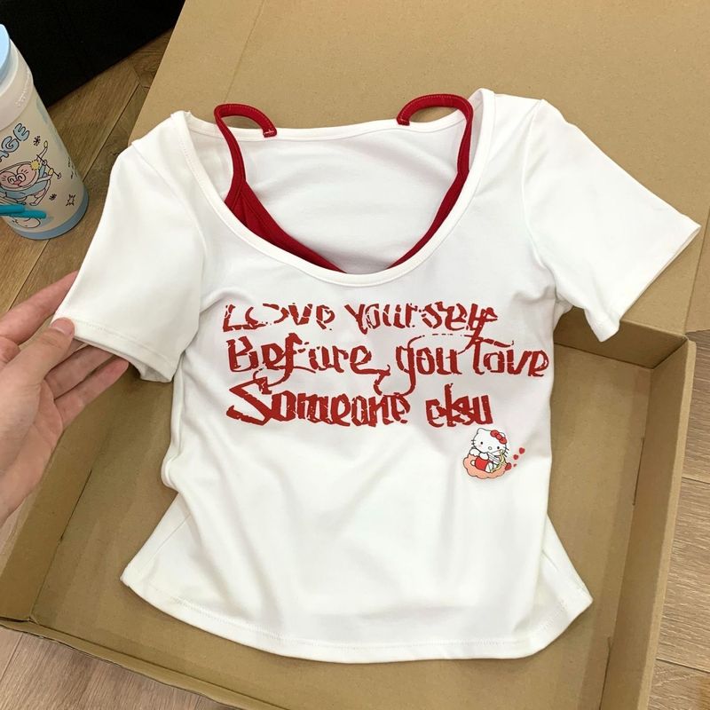 アメリカンレターフェイクツーピース半袖Tシャツレディース夏新デザインニッチホットガールスリムショートトップトレンディ|undefined