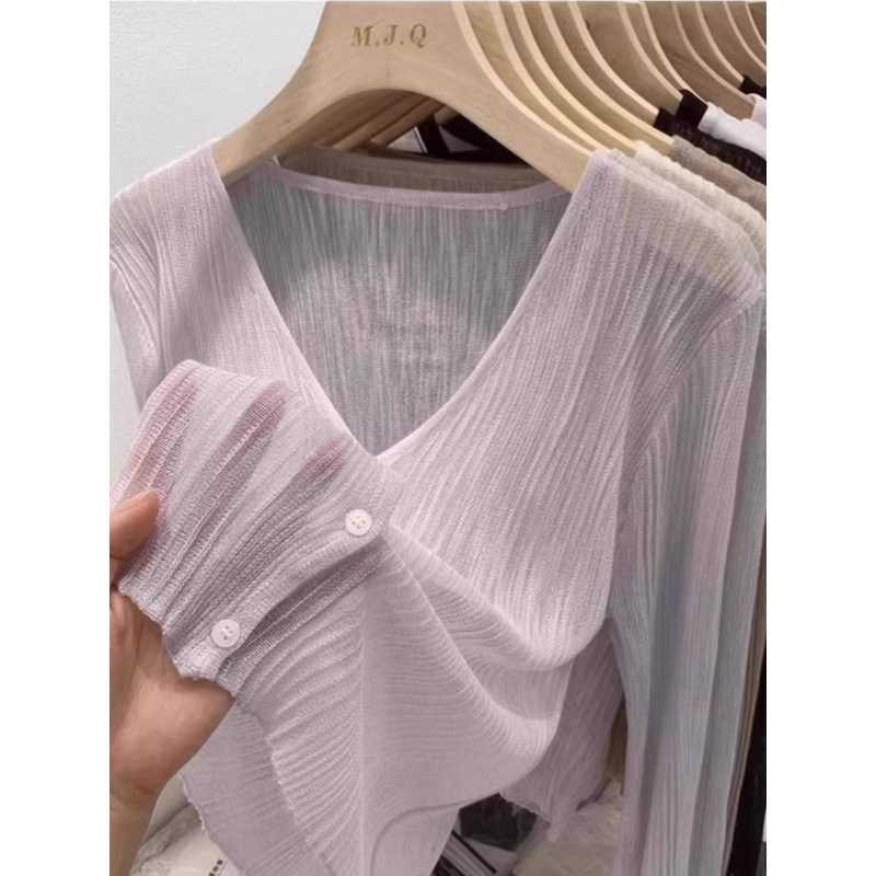 Thin Tencel with Suspender Skirt, V Neck Air-Conditioned Blouse for Women, Summer Slightly See-Through Sun Protection Knitted Cardigan Shawl Thin Tencel with Suspender Skirt, V Neck Air-Conditioned Blouse for Women, Summer Slightly See-Through Sun Protection Knitted Cardigan Shawl