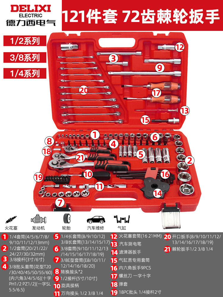 Delixi electric-[72 teeth curved handle ratchet] 121 piece barrel wrench set