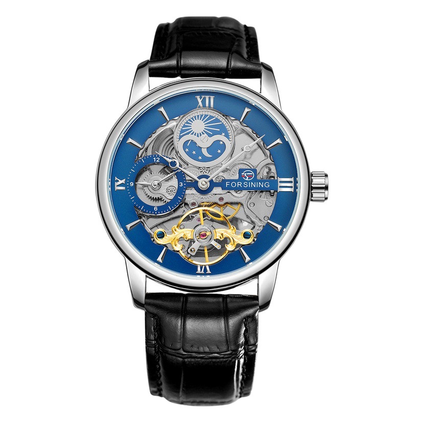 FORSINING 8217 hombres de negocios reloj mecánico automático correa de cuero Hollow Sun Moon ocio reloj mecánico