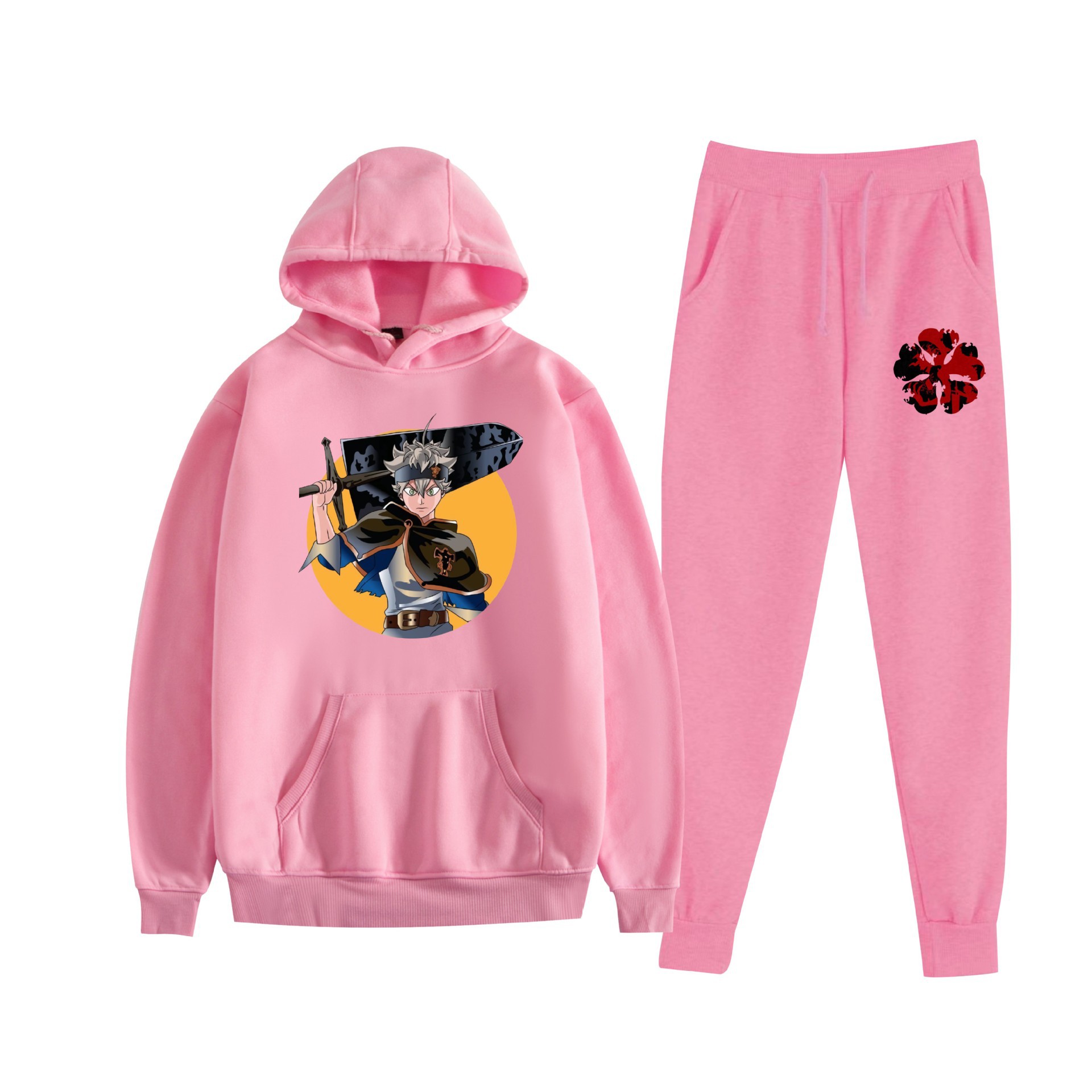 Europa y América otoño e invierno negro trébol de cuatro hojas periférico bidimensional hombres y mujeres deportes de ocio más suéter con capucha de terciopelo traje al por mayor